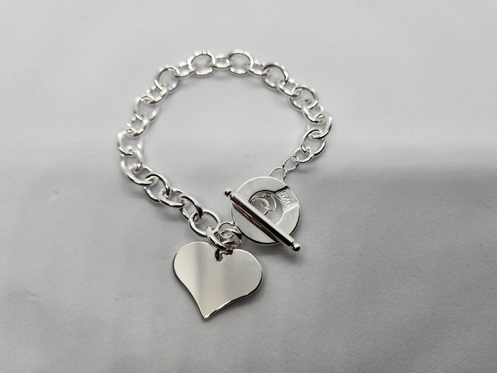 Sterling Silver Heart Charm Toggle Bracelet 925