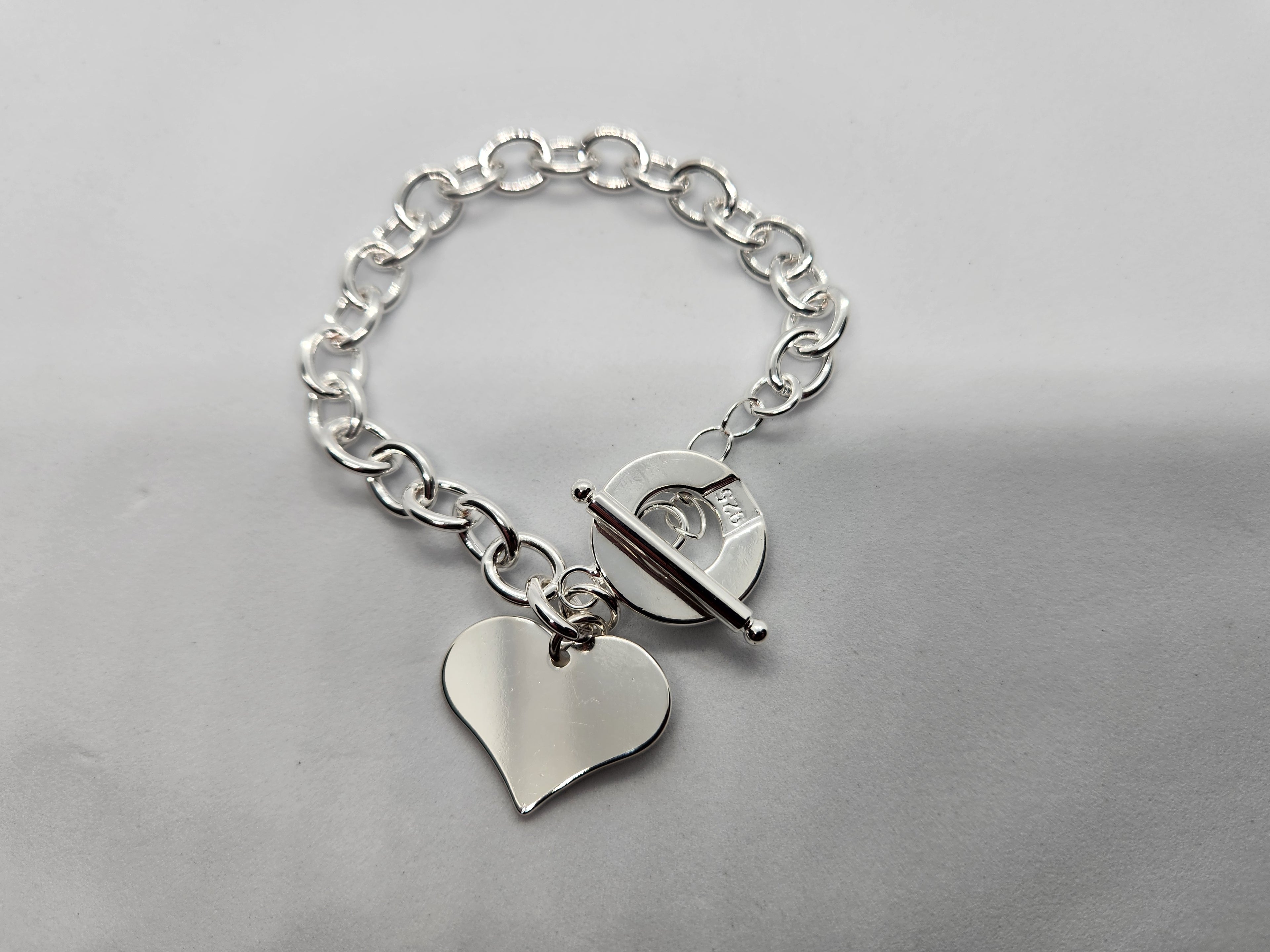 Sterling Silver Heart Charm Toggle Bracelet 925